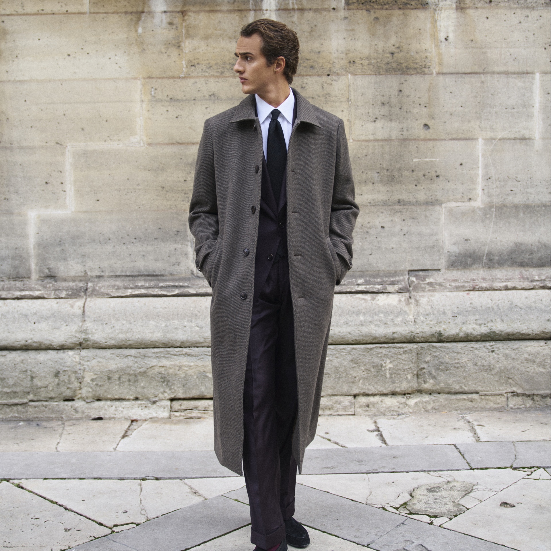 Manteau marron laine sergée col chemise carcoat