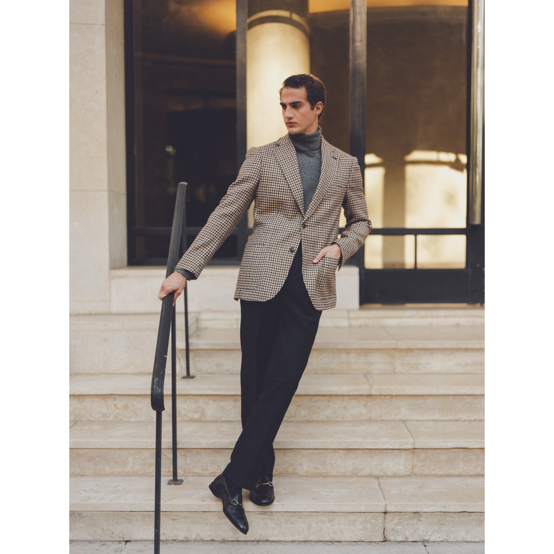 Veste pied de poule marron en Baby Alpaga